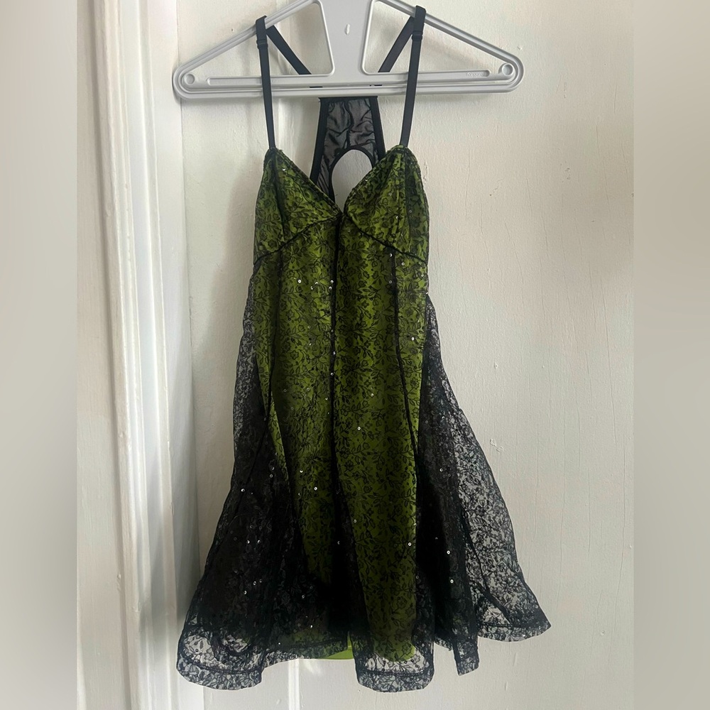 Olive Green & Black Lace Sequined Tunic Bra Top — size XXS